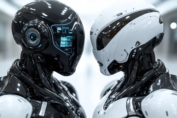 Fototapeta premium Two advanced robots face each other symbolizing the evolution of artificial intelligence and the complex dynamics in a digital future