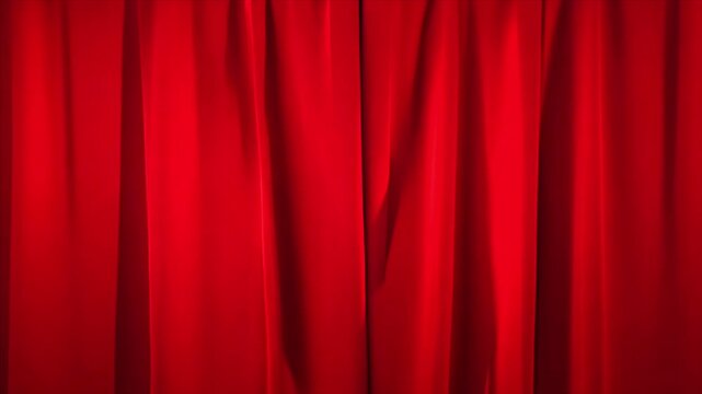 Red velvet curtains slightly opened on both sides, showing solid black back stage background