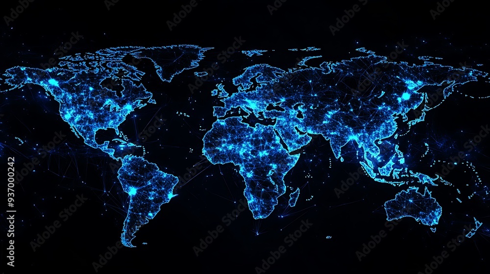Aufkleber Blue Glowing World Map with Interconnected Lines and Points
