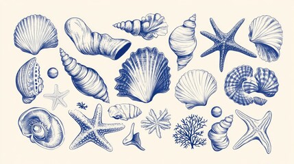 Hand drawn blue outline of various seashells and starfish with two pearls on a white background.