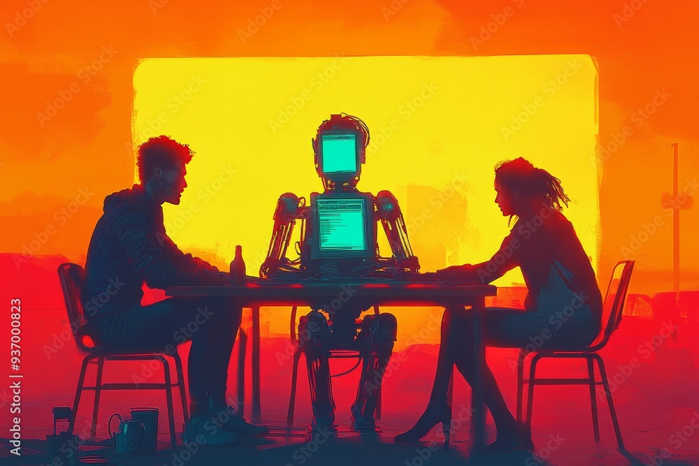 Poster futuristic meeting between humans and a robot at a glowing digital table symbolizing the collaborati