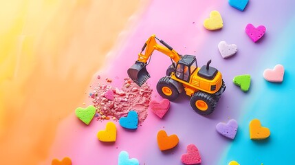 Obraz premium Erasers backhoe loading colorful heart isolated on colorful background