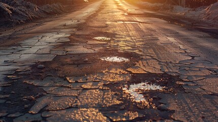 A degraded asphalt roadway exhibiting multiple potholes and signs of wear due to subpar construction quality.
