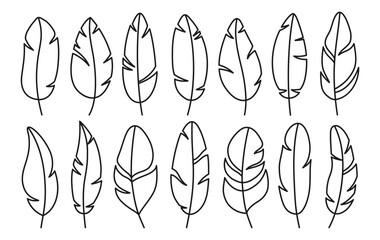 Feather cartoon sign set. Icon stylized bird feathers with ethnic boho folk simple contour. Symbol design decorated birds feathers, abstract naive linear art. Flat isolated vector illustration clipart