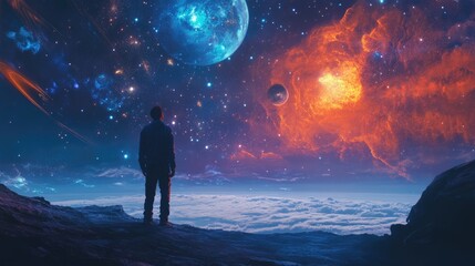 Fototapeta premium Contemplating the Cosmos: A Solitary Figure Gazing at the Stars