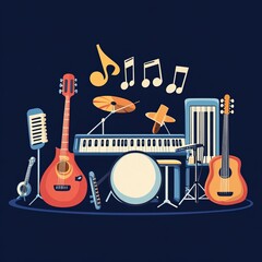 Obraz premium happy world music day and musical instruments with blue background. vector illustration design.generative ai