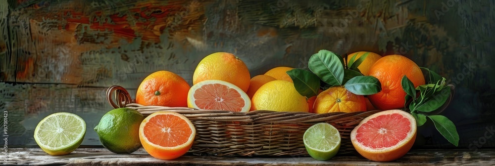 Poster variety of citrus fruits displayed in a wicker basket on a rustic table, including oranges, lemons, 