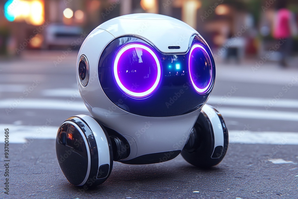 Poster cute rolling robot with glowing purple eyes navigating through a city representing the blend of robo
