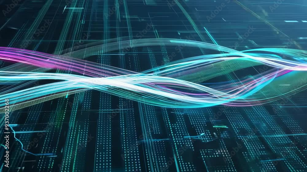 Poster exploring digital flow patterns in futuristic technology at a virtual conference