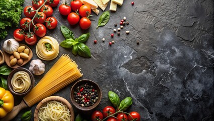Healthy Italian food displayed on a black stone table with marble background top view © Kukar Studio
