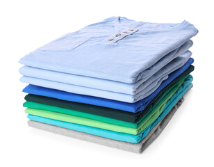 Stack of clean colorful t-shirts isolated on white