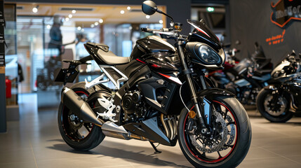 Obraz premium a modern black sports bike in showroom 