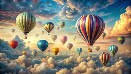 Fototapeta premium Whimsical and imaginative wallpaper background featuring floating hot air balloons in the sky