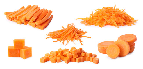 Fresh carrots isolated on white, collage. Different types of cuts