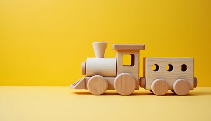 Wooden Toy Train on Bright Yellow Background - Perfect for Kids' Decor