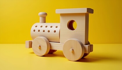 Wooden Toy Train on Bright Yellow Background - Perfect for Kids' Decor