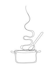 Steaming cooking pot in continuous one line art style. Concept of cooking. Simple vector illustration
