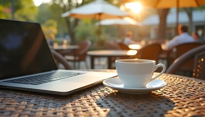 Cozy Outdoor Workspace with Laptop and Coffee - Perfect for Remote Work