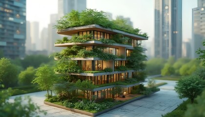 Modern Eco-Friendly Building with Vertical Gardens in Urban Environment