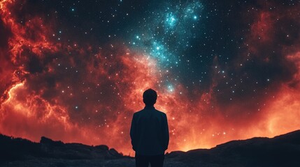 Obraz premium Silhouette of a Man Gazing at the Starry Sky