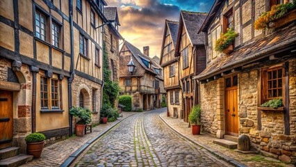 Naklejka premium Medieval old town street with rustic buildings and cobblestone path