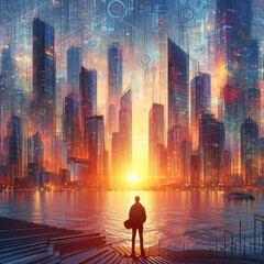 Vibrant cityscape with futuristic overlay and a lone figure