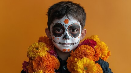 A young boy with a white face and orange