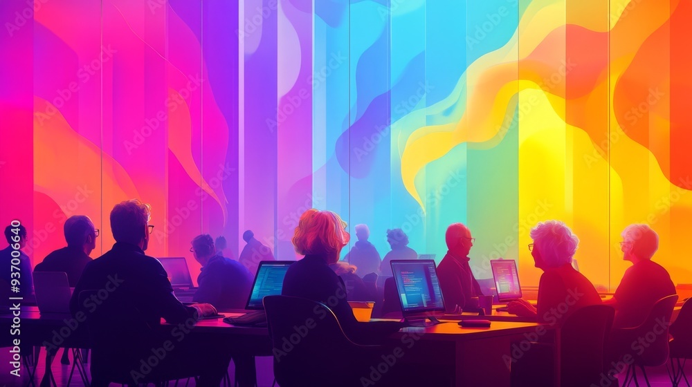 Poster diverse group working on computers in vibrant office space