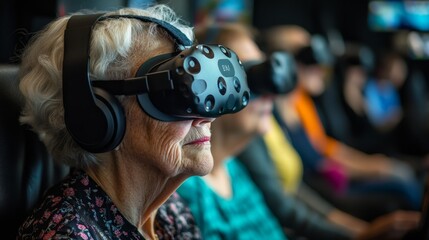 Senior Woman Experiencing Virtual Reality Headset VR Technology