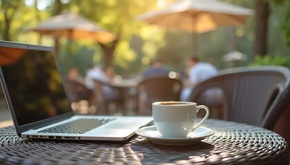 Cozy Outdoor Workspace with Laptop and Coffee - Perfect for Remote Work