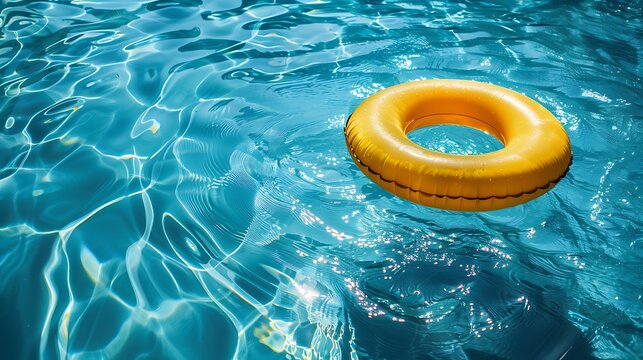 floating yellow swimming ring on blue water swimpool with waves reflecting in the summer sun