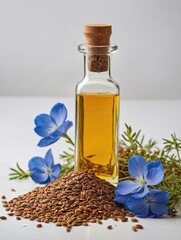 A glass bottle of flaxseed oil is placed beside a small pile of brown flaxseeds and a few blue flax flowers on a pure white background