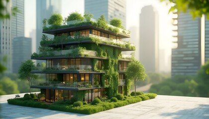 Modern Eco-Friendly Building with Vertical Gardens in Urban Environment