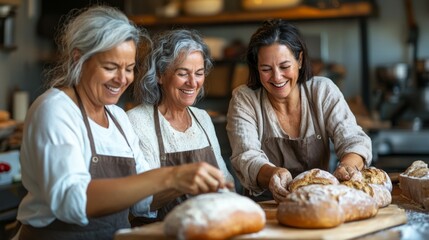 Happy Senior Women Bakers Enjoying Freshly Baked Bread