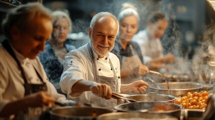 Senior Chef Cooking in Busy Kitchen with Team