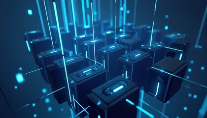 Futuristic Data Blocks in a High-Tech Network Grid with Blue LED Lights