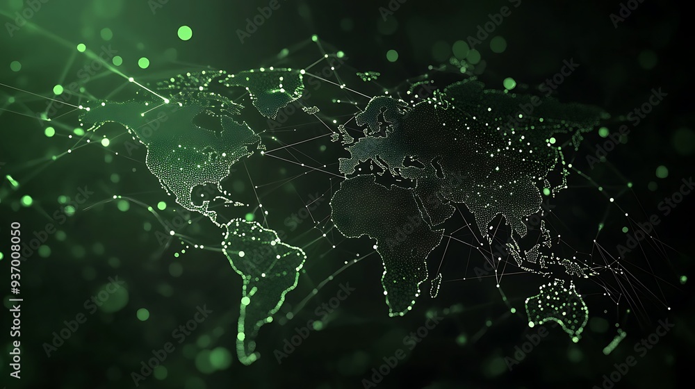Poster green glowing world map with connecting lines