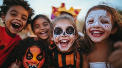A group of children are posing for a picture with Halloween makeup on
