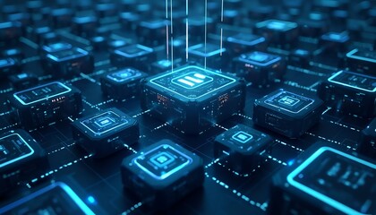 Futuristic Data Blocks in a High-Tech Network Grid with Blue LED Lights