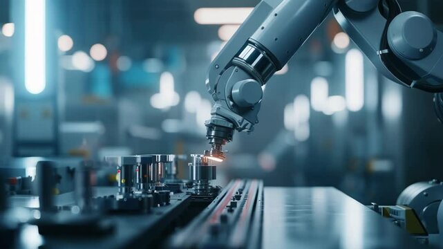 Robotic arm moving a component on an assembly line, showcasing the future of manufacturing with automation and advanced technology