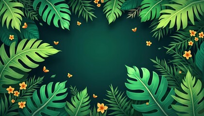 Vibrant Tropical Foliage Background with Butterflies