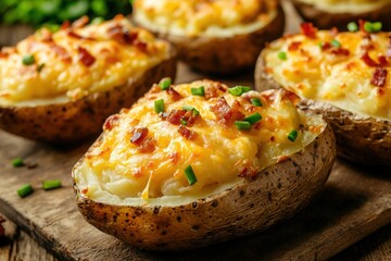 Twice baked potatoes with melted cheese, chives and bacon on wooden board