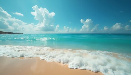 Serene Tropical Beach with Turquoise Waves and Clear Blue Sky