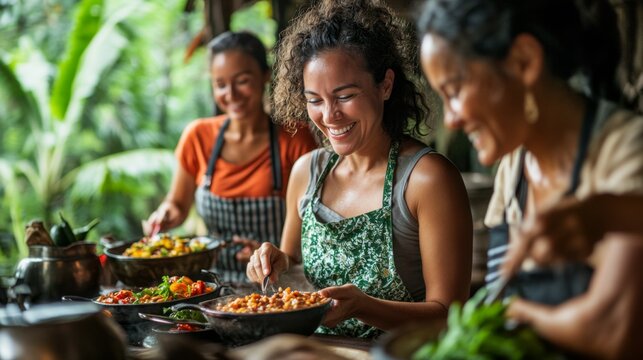 Happy Women Cooking Together in a Tropical Setting