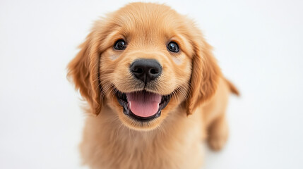 Fototapeta premium Cute Golden Retriever Puppy Smiling White Background Copy Space