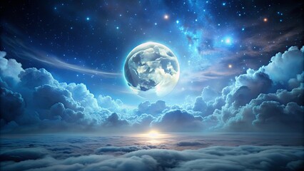 Magical night with full moon shining through clouds, creating a dreamlike atmosphere