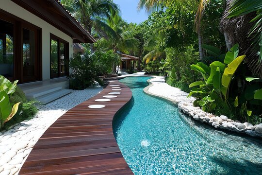 Serene tropical pathway winding through lush greenery and tranquil water, perfect for relaxation and escape in a paradise setting.
