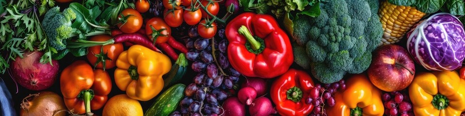 Vibrant assortment of fruits and vegetables arranged in a shopping basket