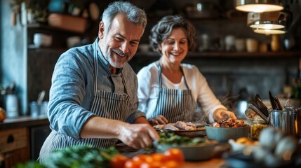 Senior Couple Cooking Together in Kitchen