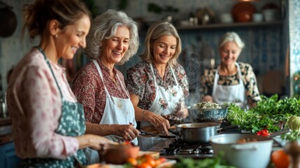 Happy Women Cooking Together in Kitchen